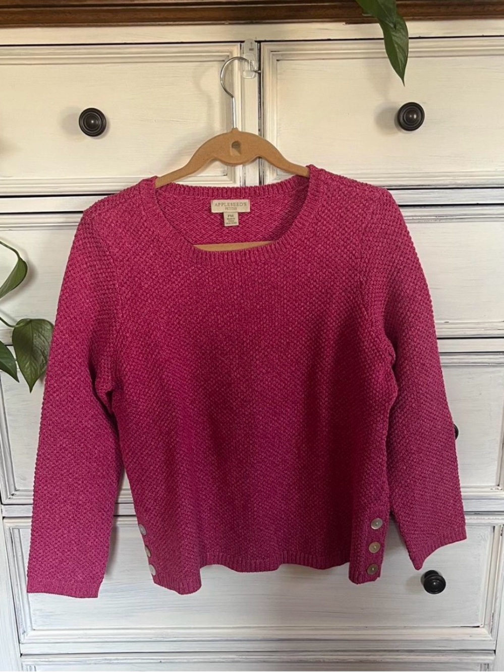 Appleseed's Pink Textured Crewneck Sweater with Side Buttons